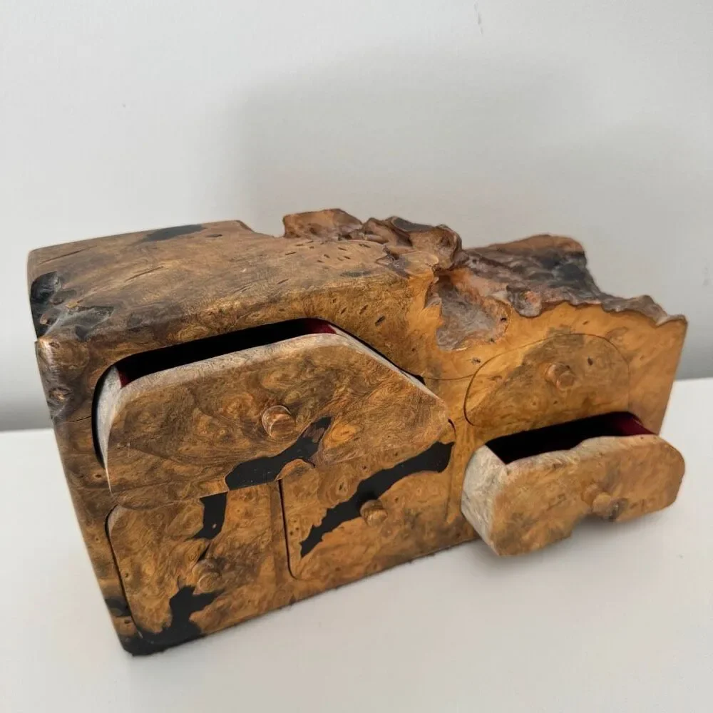 VTG Handcrafted Natural Burl Wood Jewelry Box Multi-Drawer Rustic Artisan Box